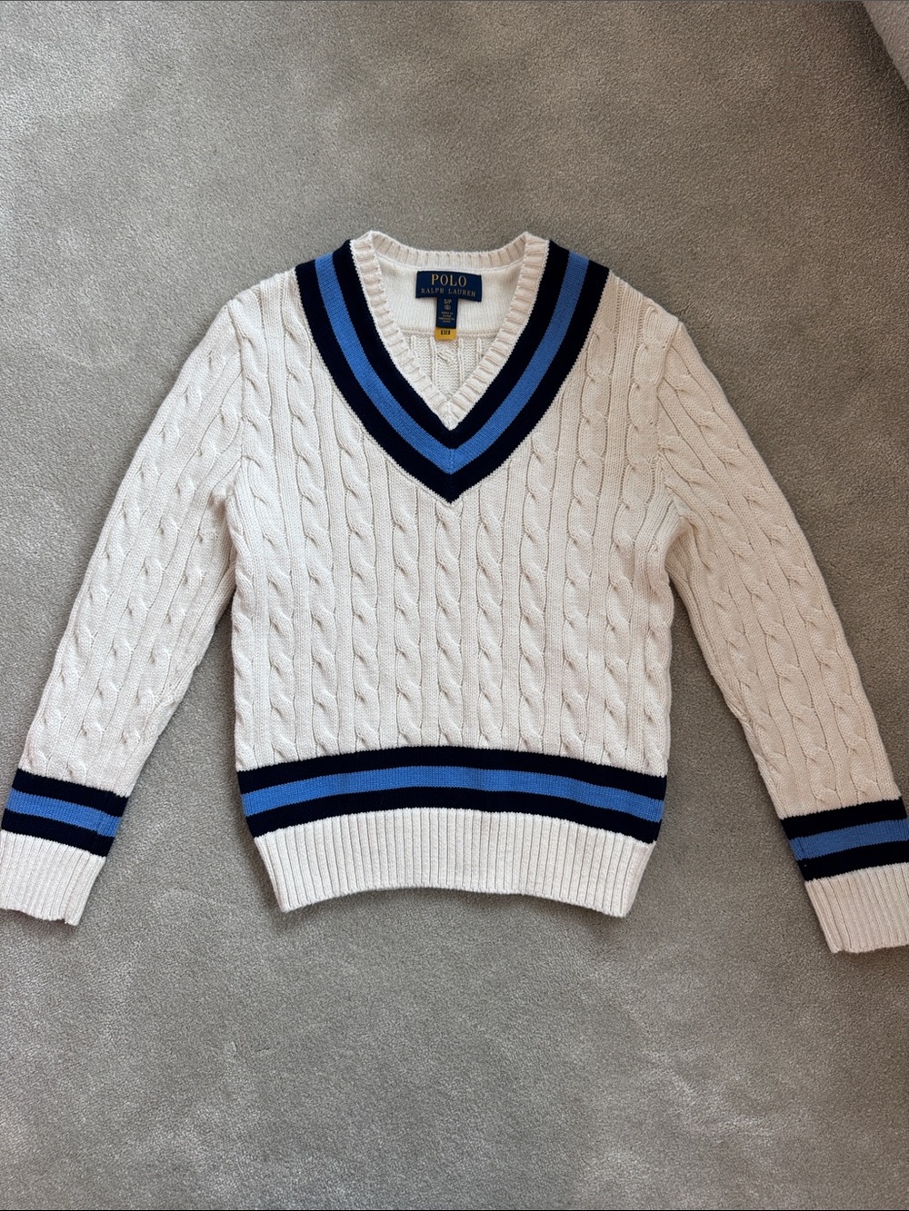 Boys Polo by Ralph Lauren Cream Cable-Knit V-Neck Sweater with Blue Trim, size 8